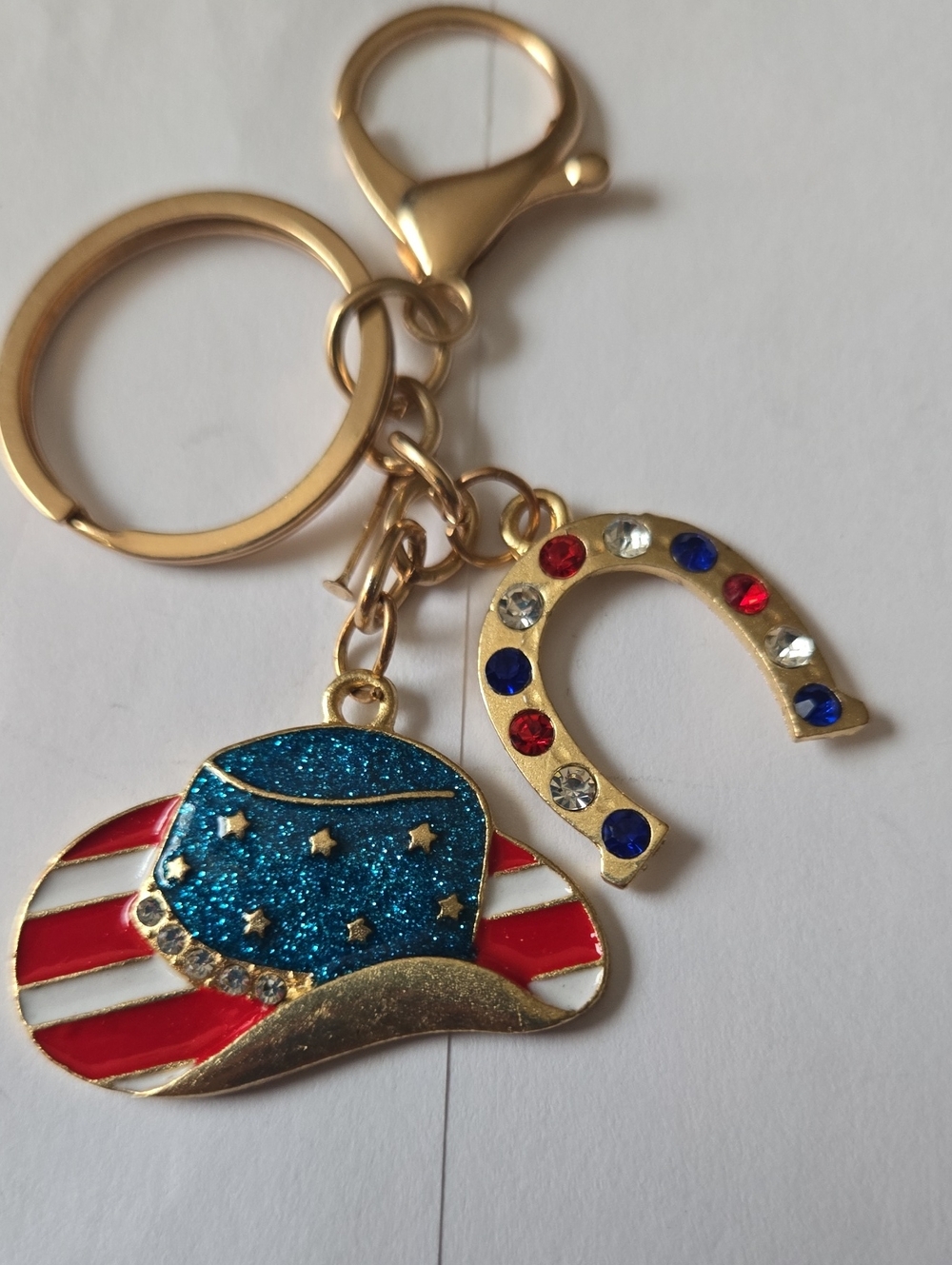 Western Gold Tone Bling Patriotic Cowboy Hat & Horseshoe Keychain/Bag Charm